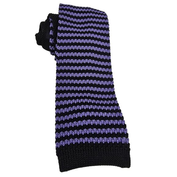 Chaps Knit Skinny Tie Black Purple Striped Mens Handmade Neckwear Square Tip - Picture 2 of 12